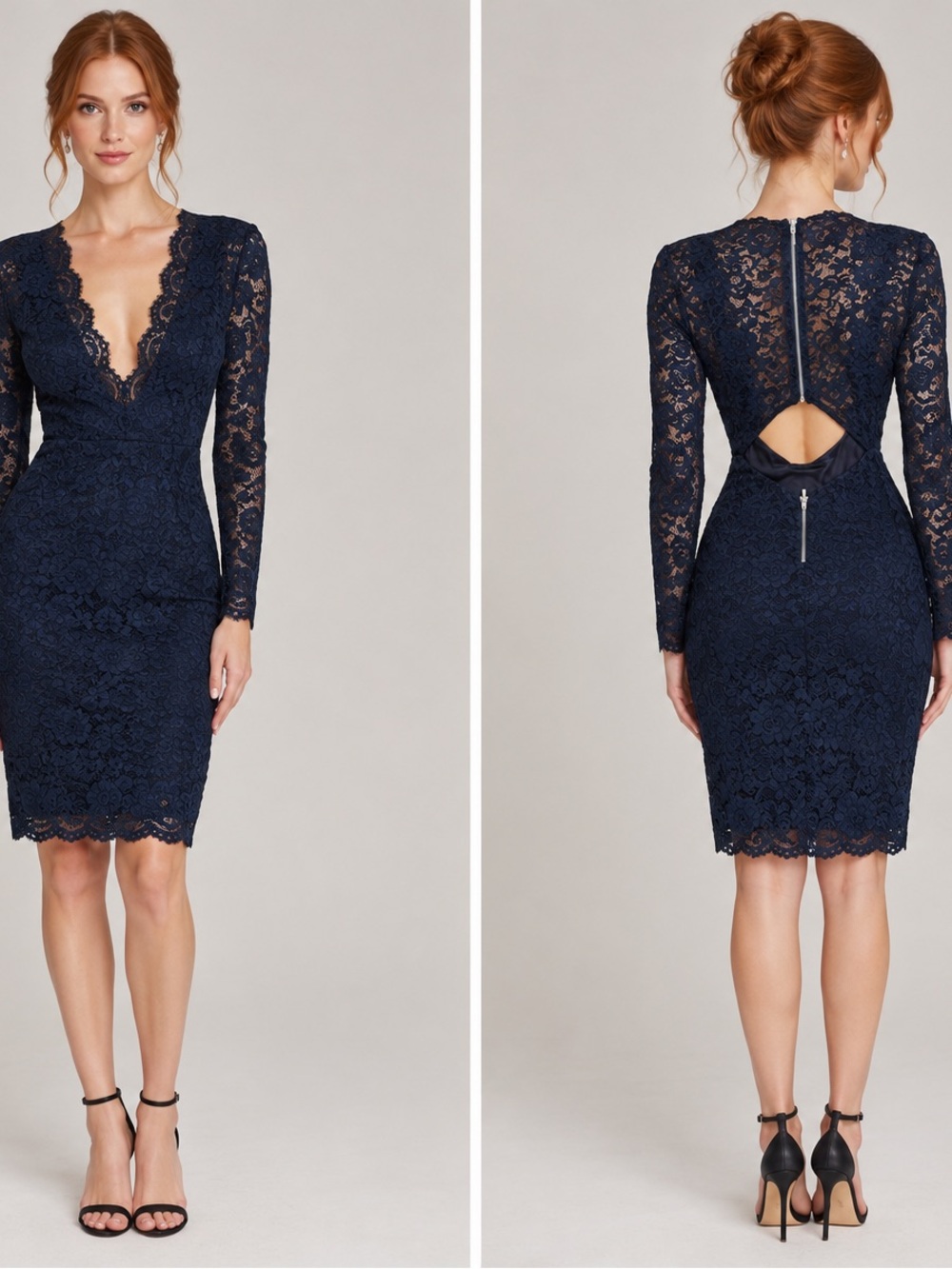 bebe Lace Long-Sleeve V-Neck Sheath Dress with Back Keyhole